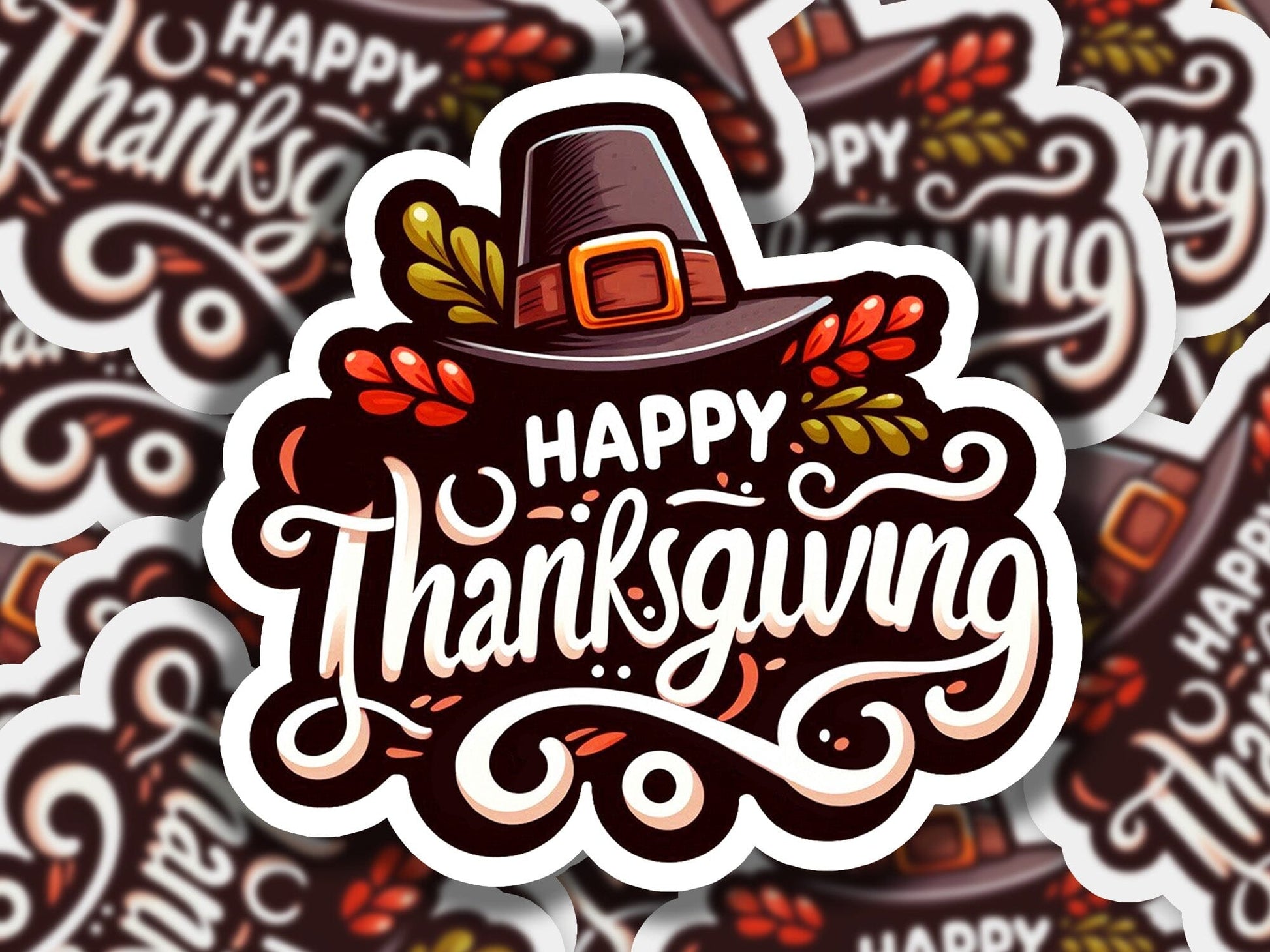 a sticker with the words happy thanksgiving on it