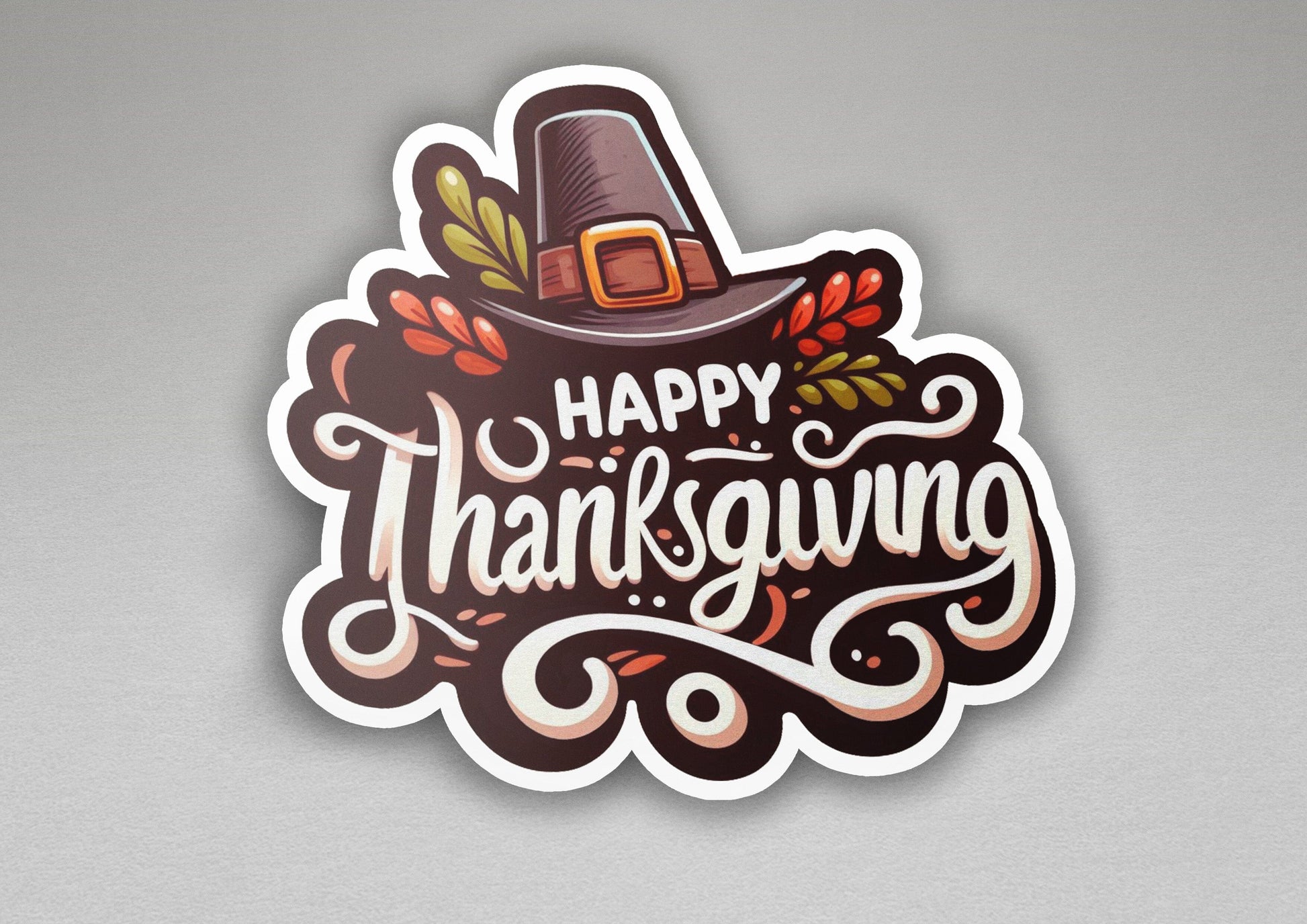 a sticker that says happy thanksgiving with a hat on it