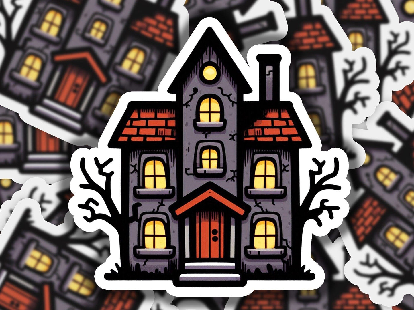 a pile of stickers with a house on it