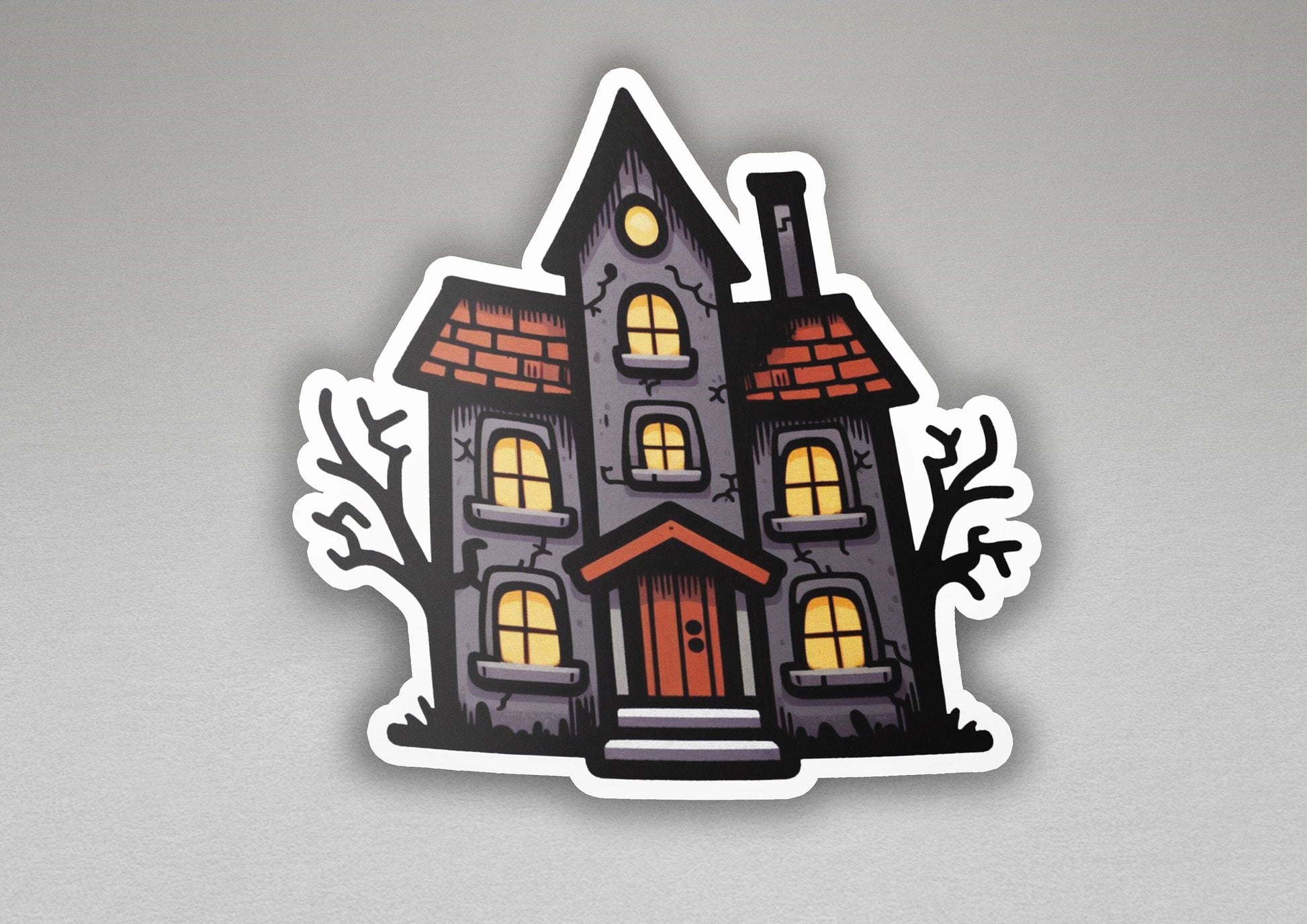 a sticker of a house with a red door
