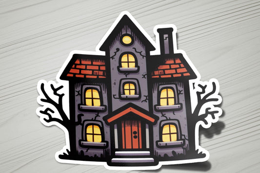 a sticker of a house with a red door
