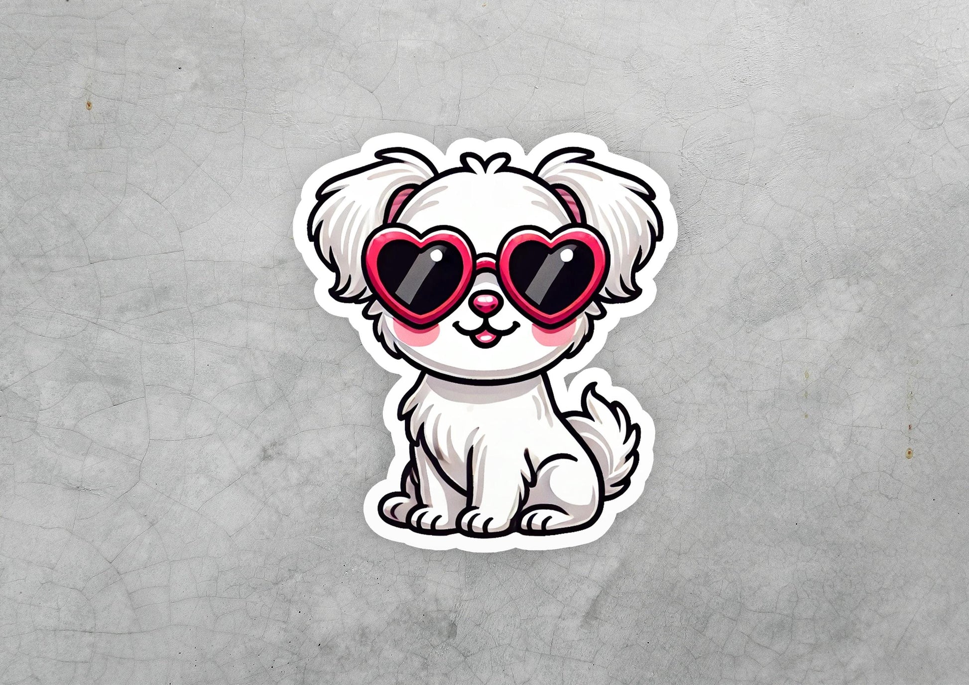 a sticker of a dog wearing heart shaped sunglasses