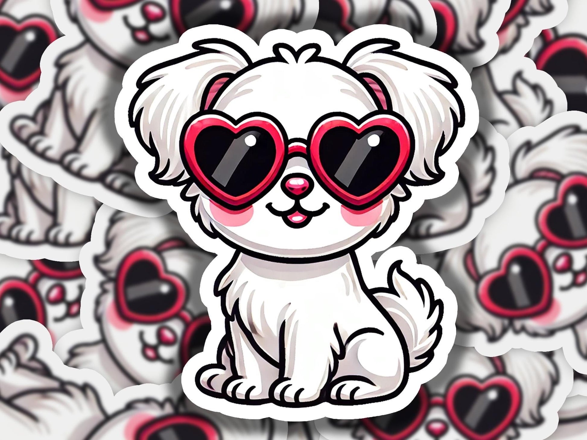 a sticker of a dog with heart shaped glasses