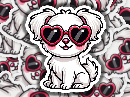a sticker of a dog with heart shaped glasses