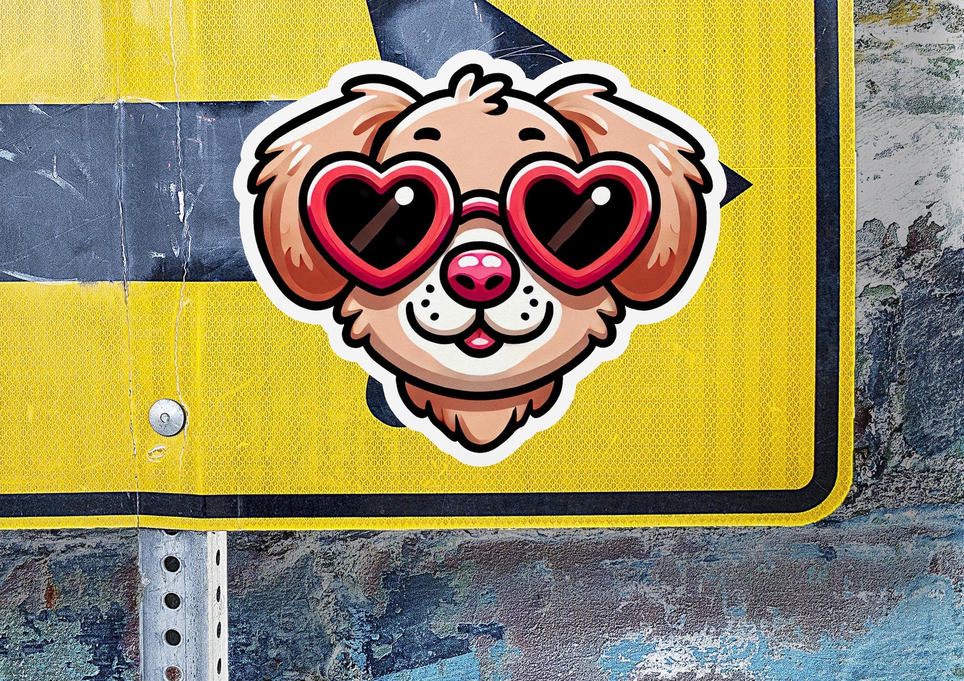 a sticker of a dog wearing heart shaped sunglasses