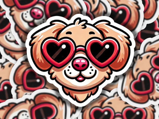 a sticker of a dog with heart shaped glasses