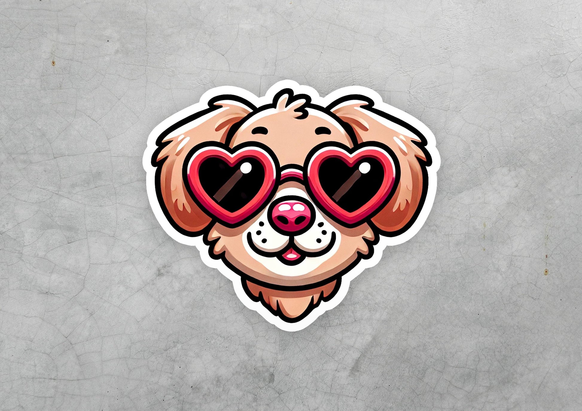 a sticker of a dog with heart shaped glasses