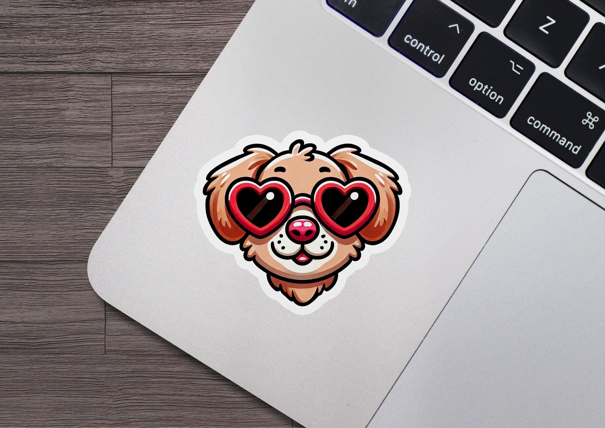 a sticker of a dog with heart shaped glasses