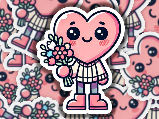 a sticker of a heart holding a bouquet of flowers