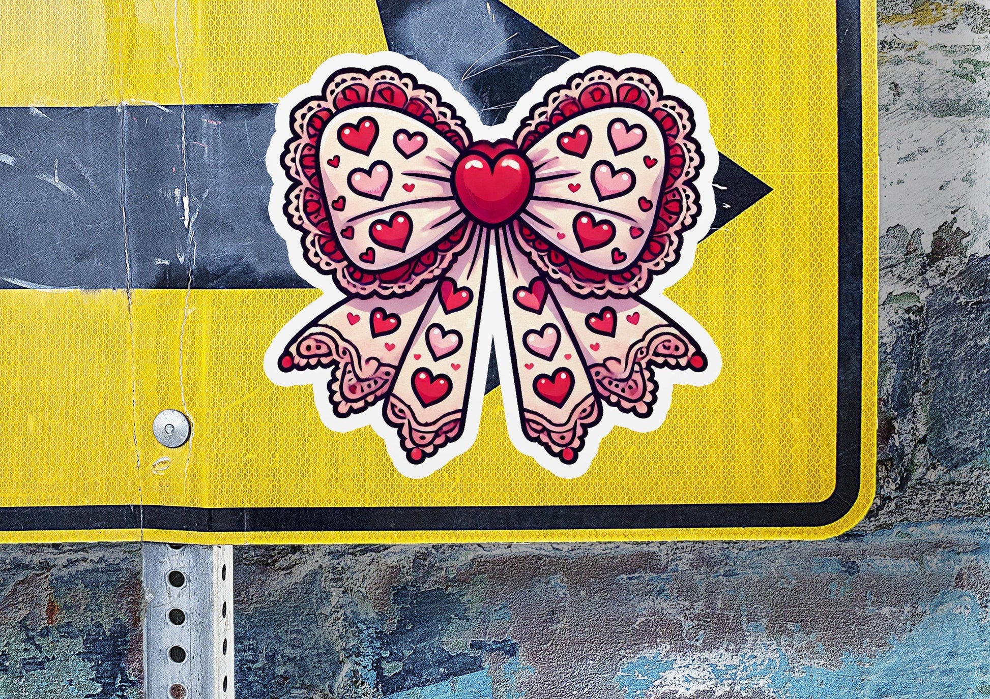 a close up of a street sign with a heart on it