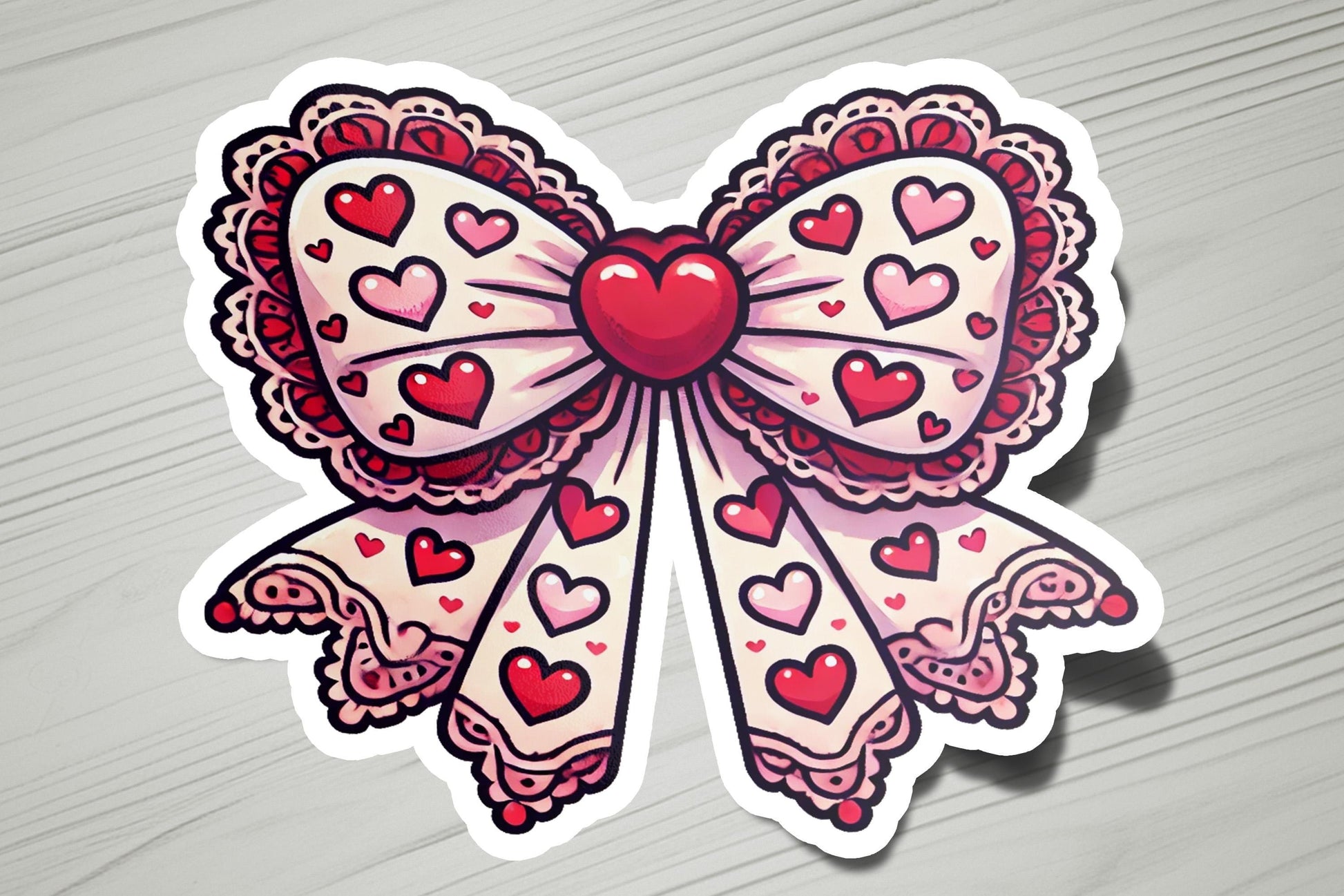 a sticker of a bow with hearts on it