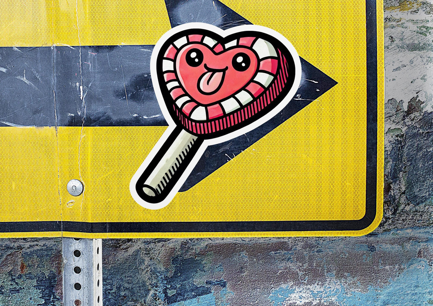 a close up of a street sign with a heart on it