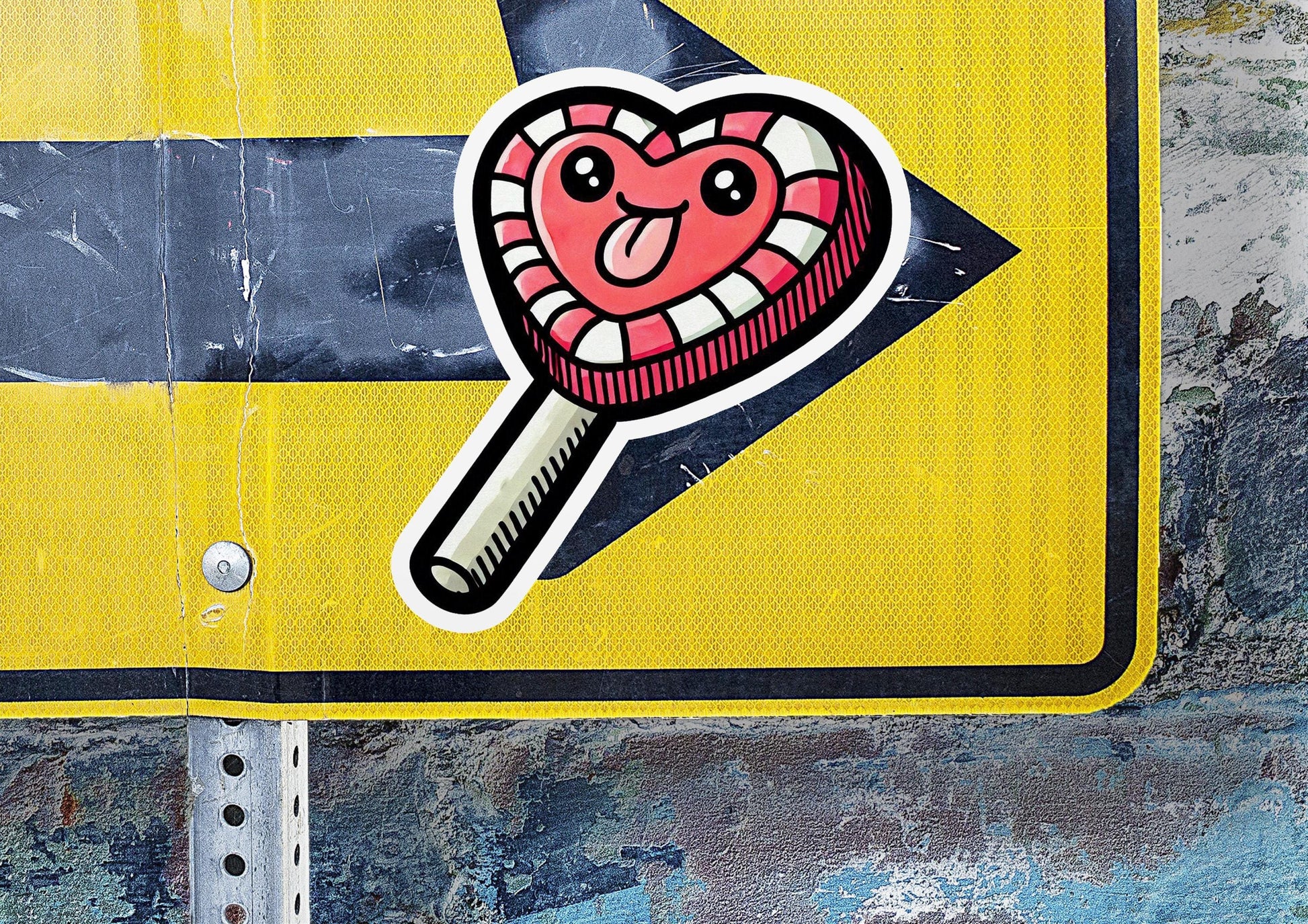 a close up of a street sign with a heart on it