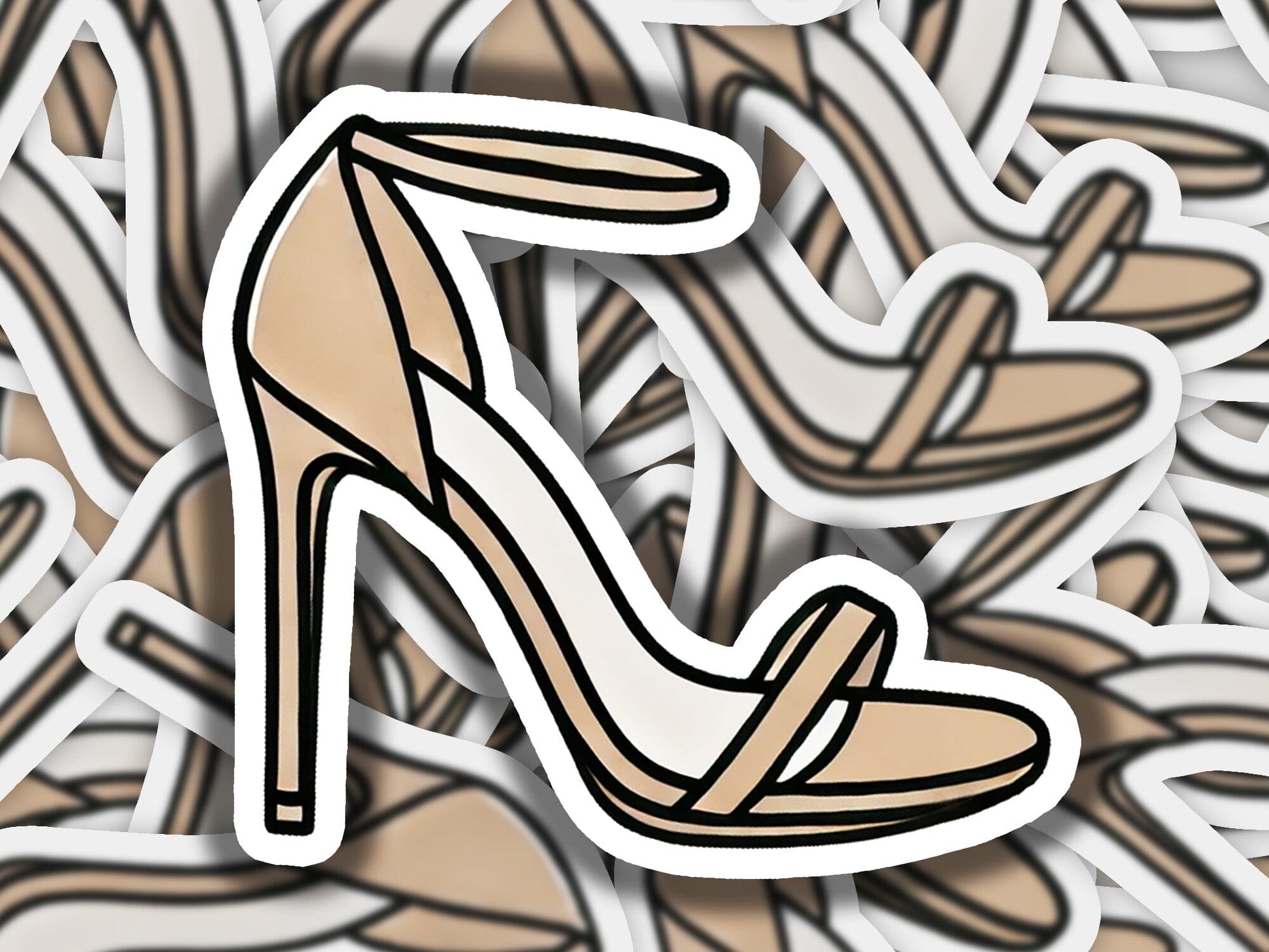 a drawing of a high heeled shoe on a pile of stickers
