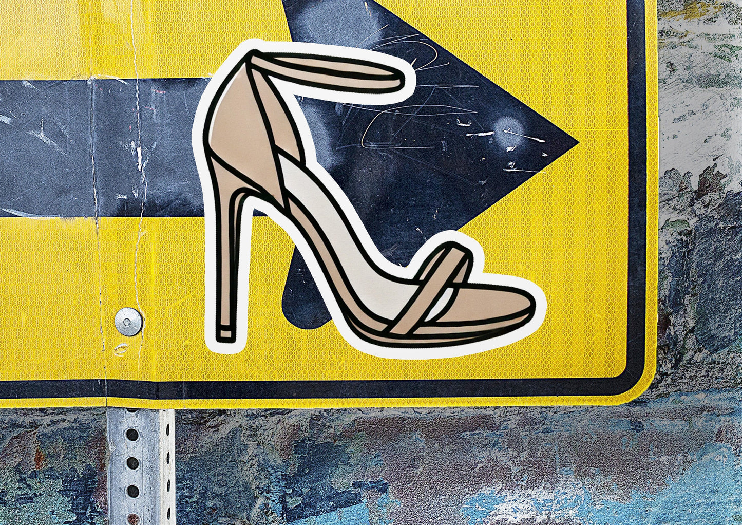 a street sign with a high heeled shoe on it