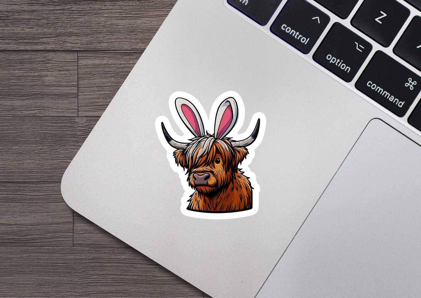 a sticker of a brown cow with bunny ears