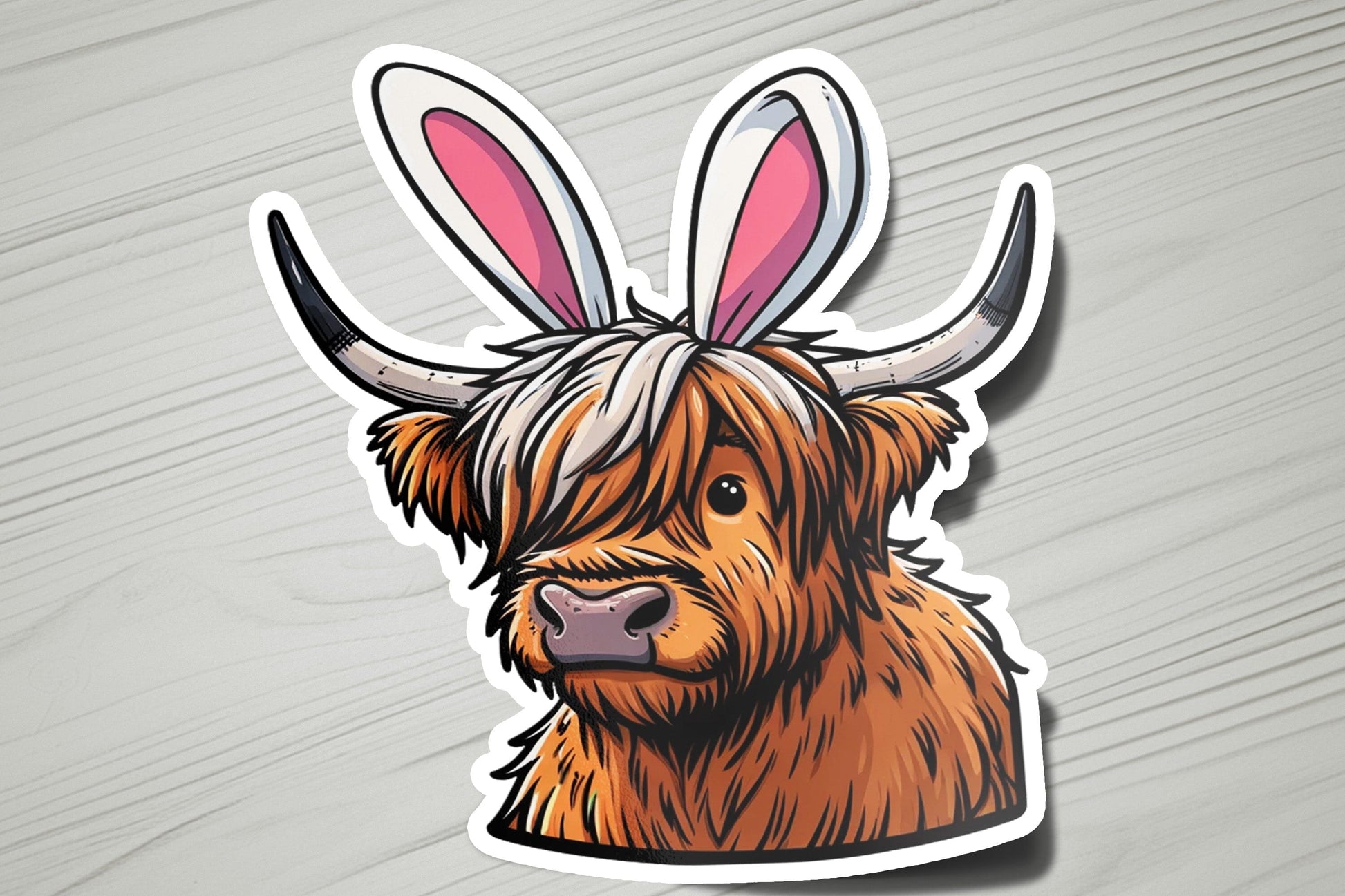 a sticker of a brown cow with bunny ears