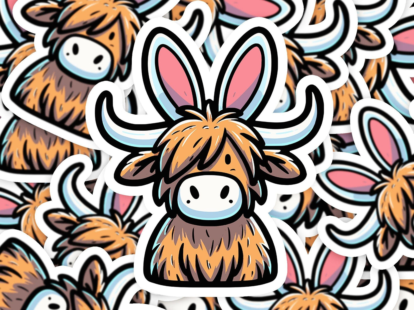 Highland Cow Easter Vinyl Sticker | Dishwasher Safe & Durable | Custom Sizes | Fast Shipping | Made in USA Fiesta Doodle waterproof vinyl sticker. dishwasher safe outdoor sticker.