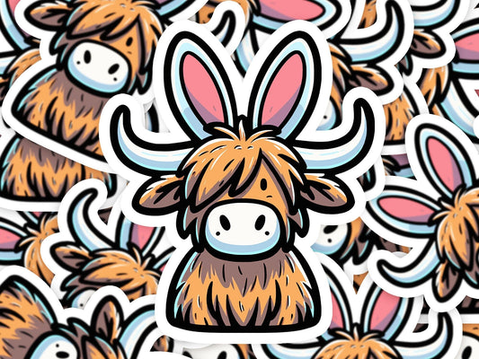 Highland Cow Easter Vinyl Sticker | Dishwasher Safe & Durable | Custom Sizes | Fast Shipping | Made in USA Fiesta Doodle waterproof vinyl sticker. dishwasher safe outdoor sticker.