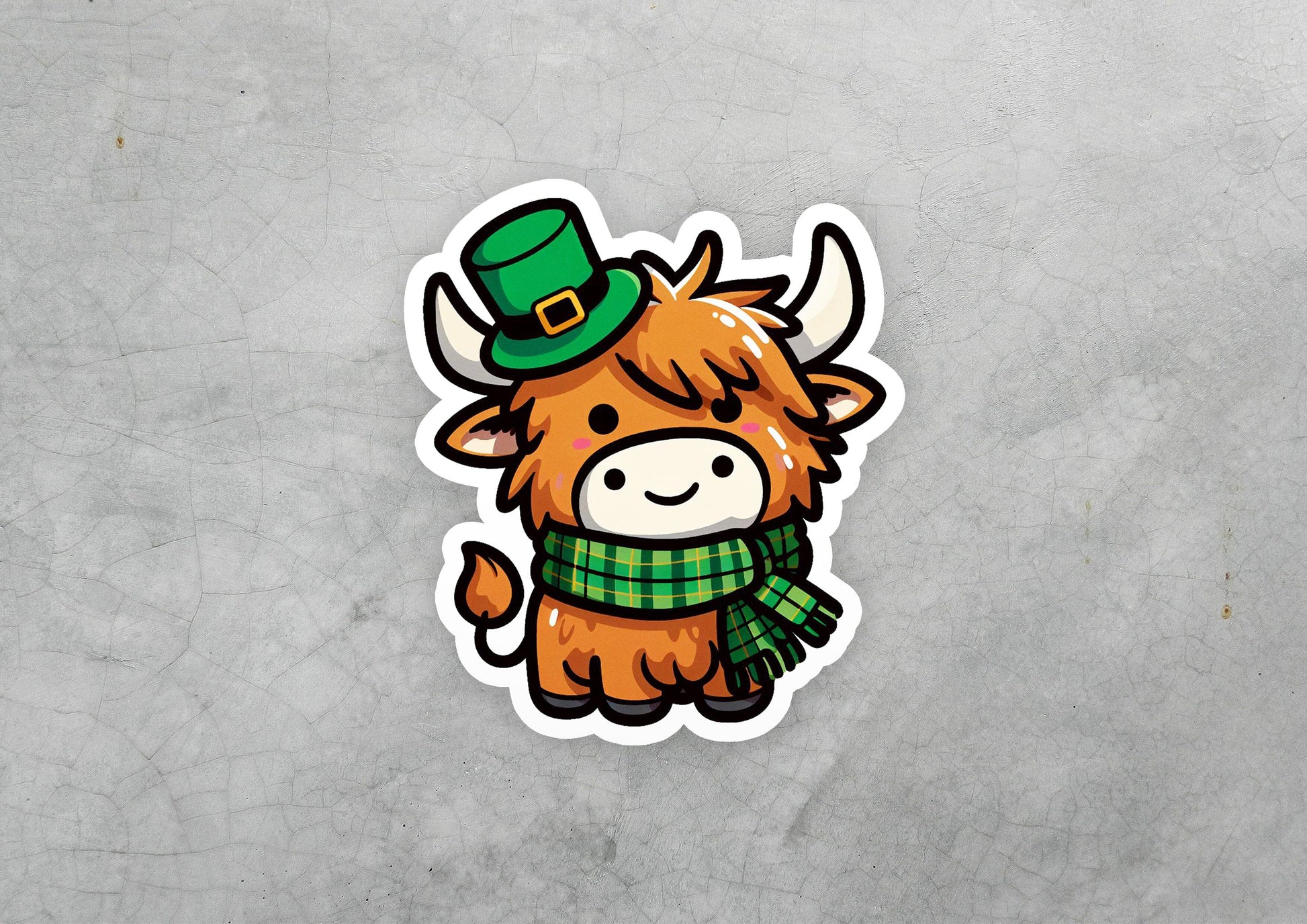 a sticker of a cow wearing a green hat and scarf