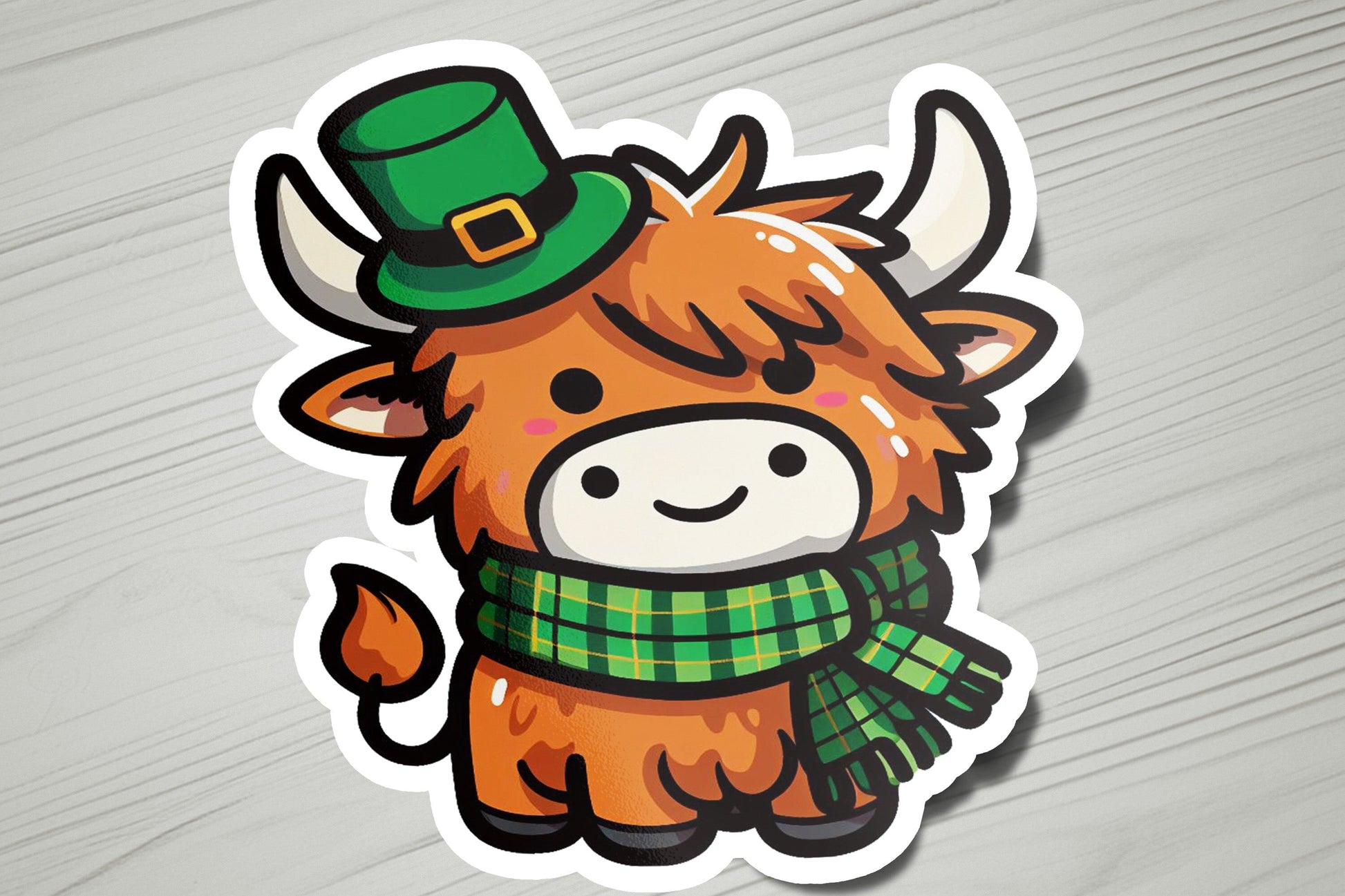 a sticker of a cow wearing a green hat and scarf