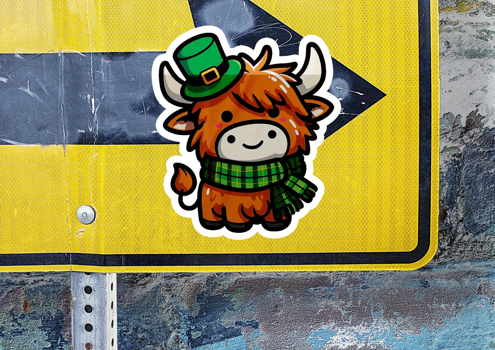 a sticker of a cow wearing a green hat and scarf
