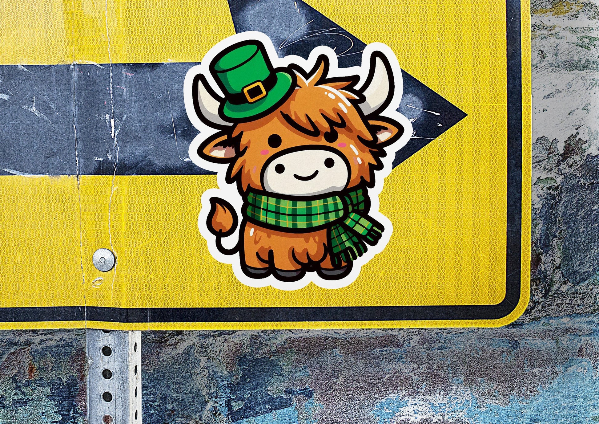 a sticker of a cow wearing a green hat and scarf