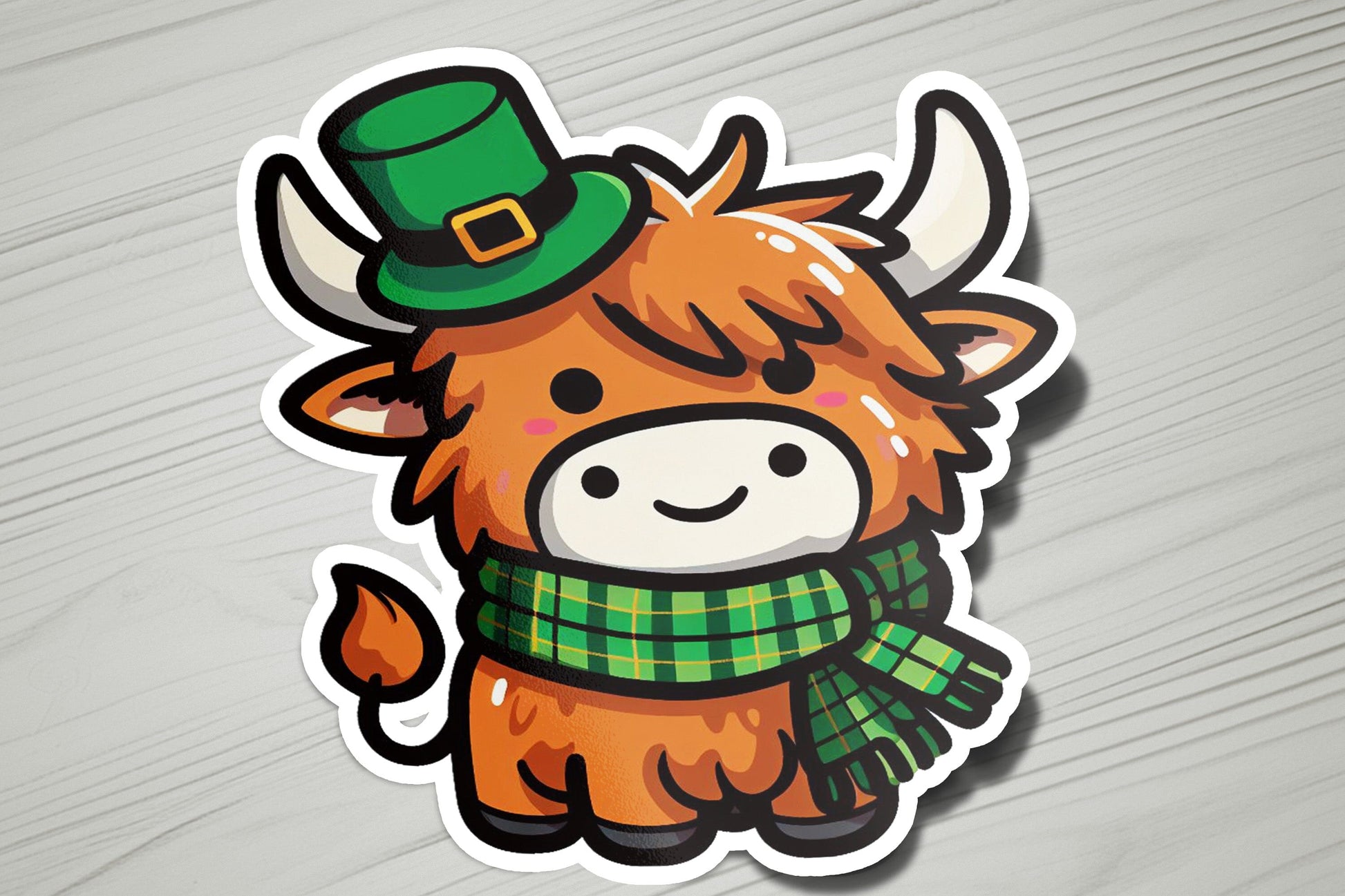 a sticker of a cow wearing a green hat and scarf