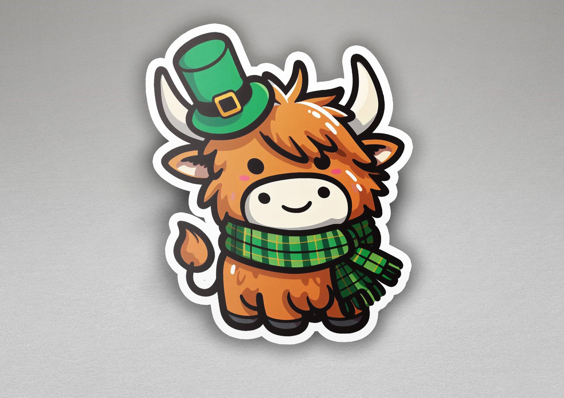a sticker of a cow wearing a green hat and scarf