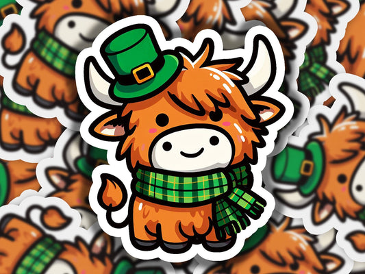 a sticker of a cow wearing a green hat and scarf