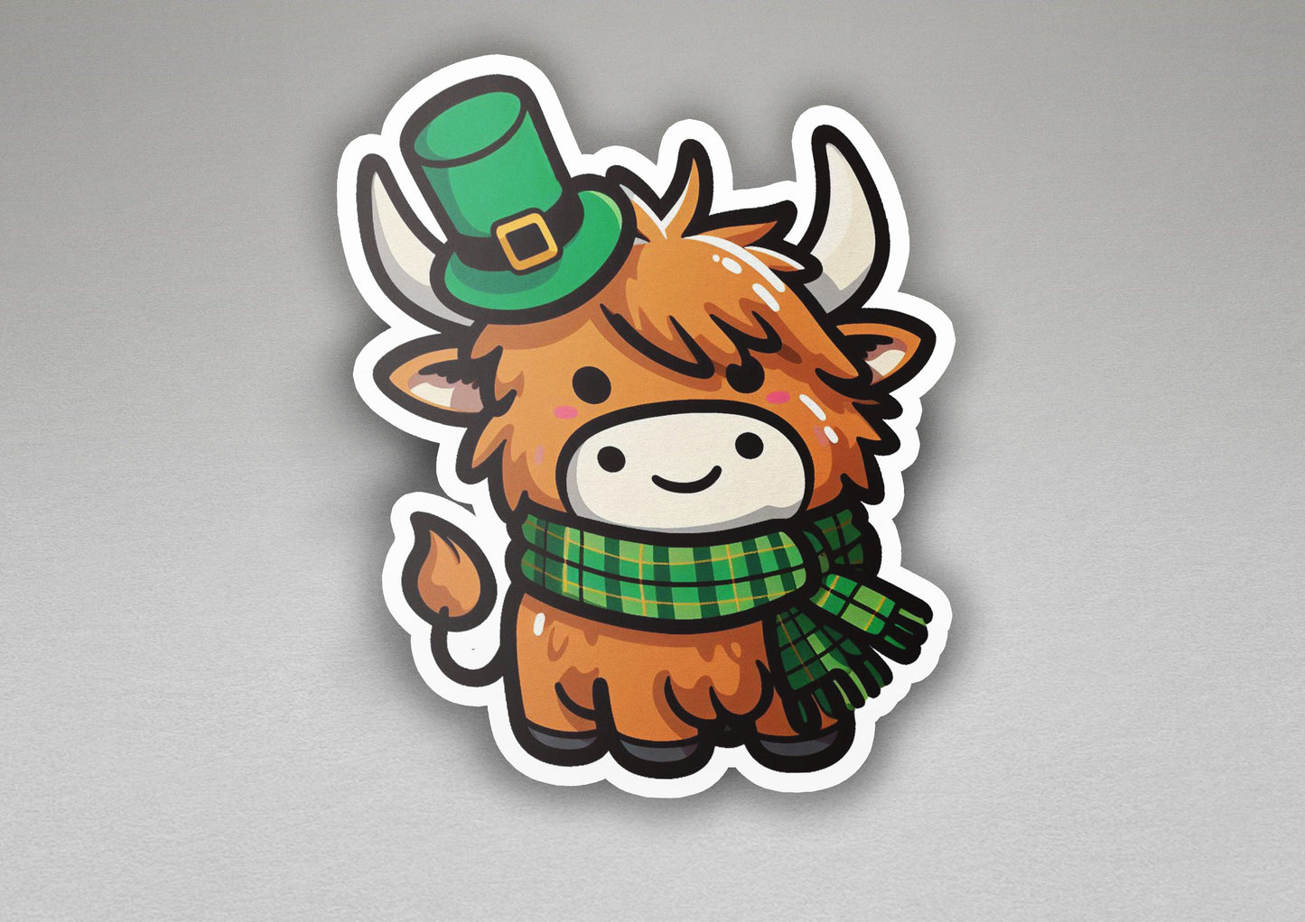 a sticker of a cow wearing a green hat and scarf