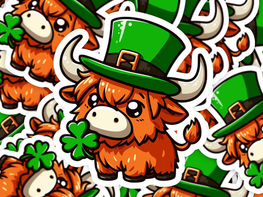 Highland Cow St Patty Vinyl Sticker | Dishwasher Safe & Durable | Custom Sizes | Fast Shipping | Made in USA Fiesta Doodle waterproof vinyl sticker. dishwasher safe outdoor sticker.