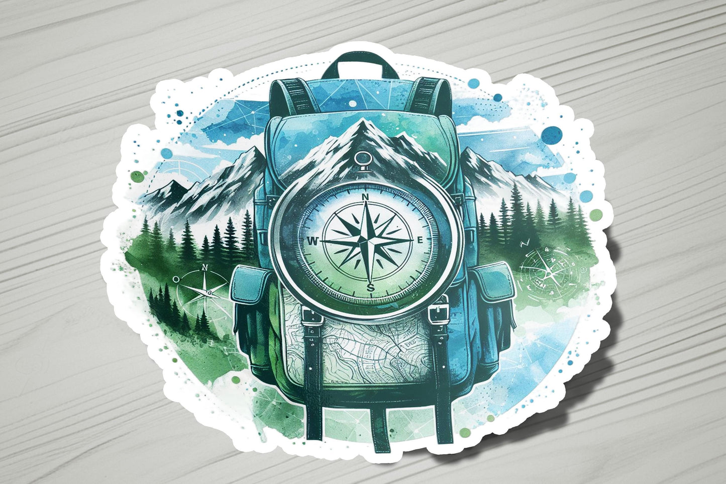 a sticker of a backpack with a compass on it