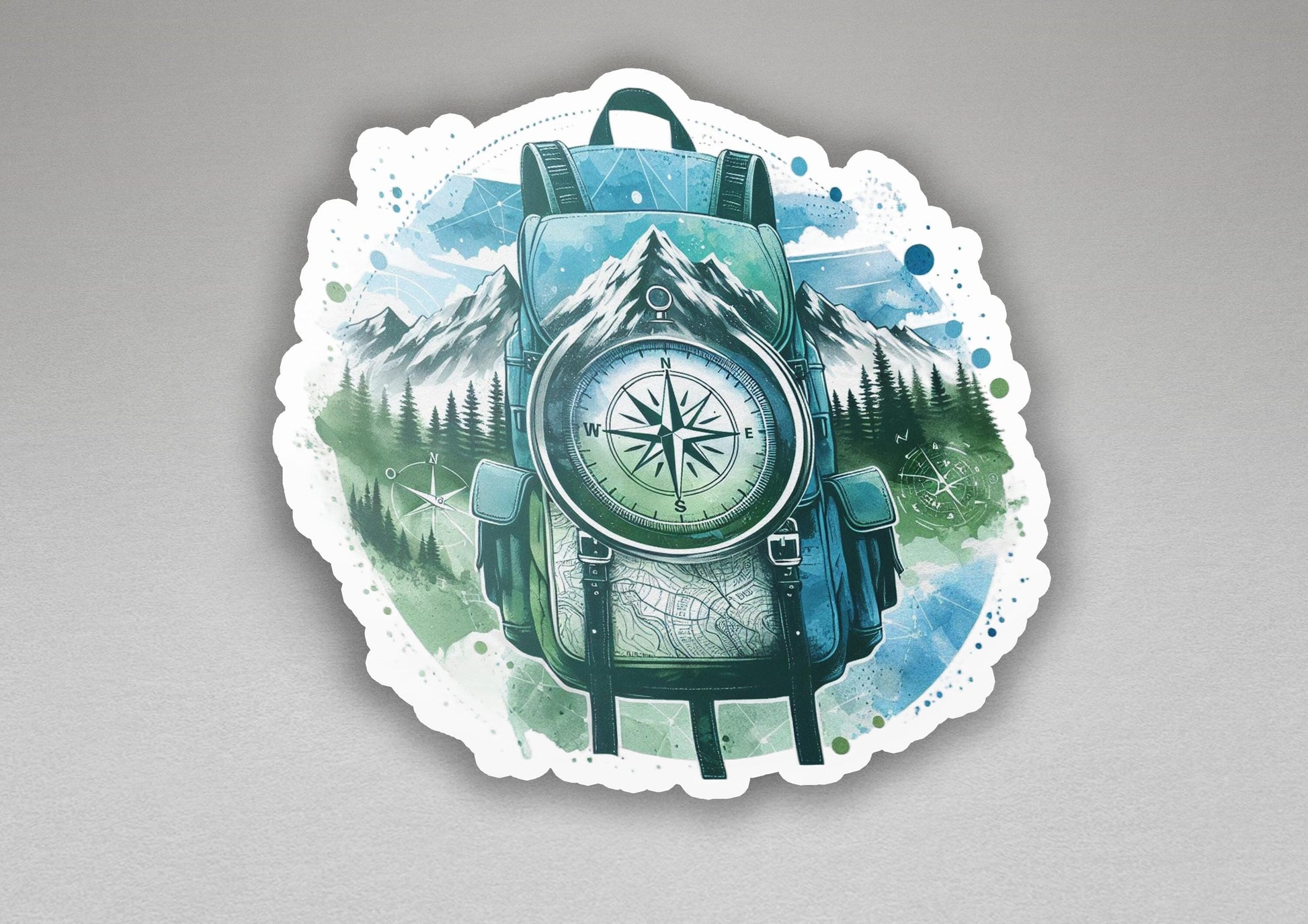 a sticker of a backpack with a compass on it