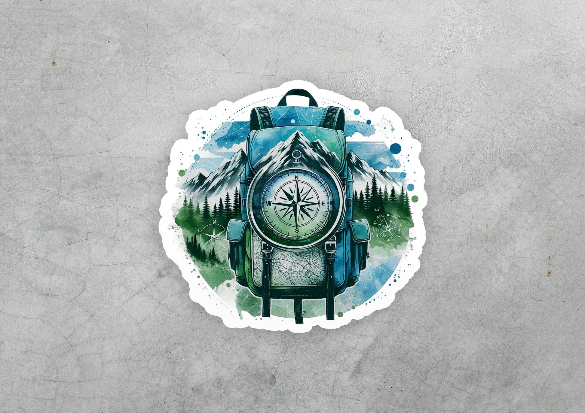 a sticker of a backpack with a compass on it