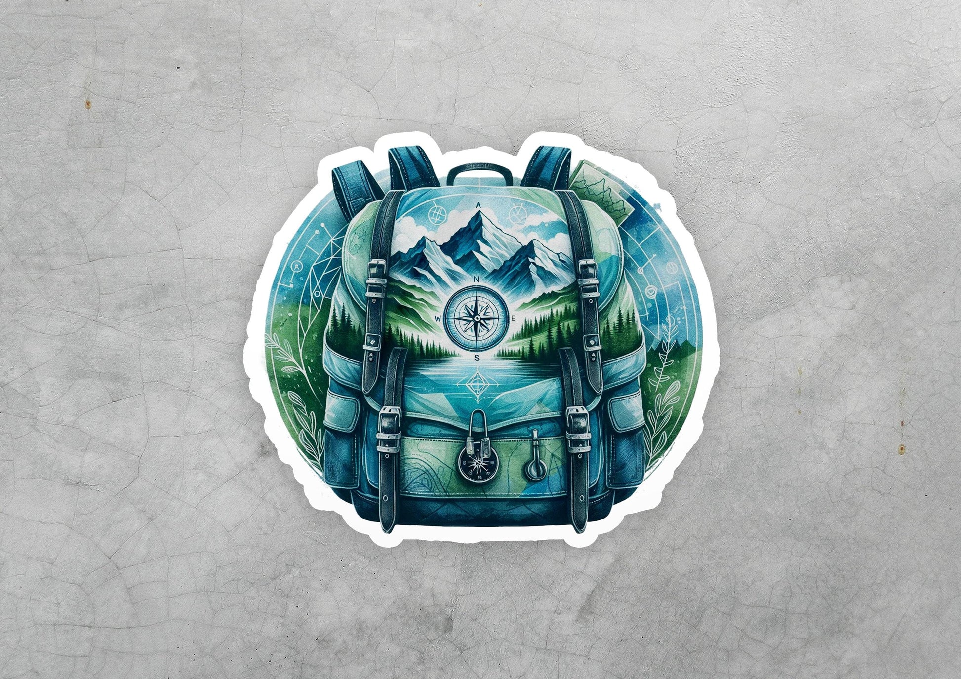 a sticker of a backpack with a compass on it