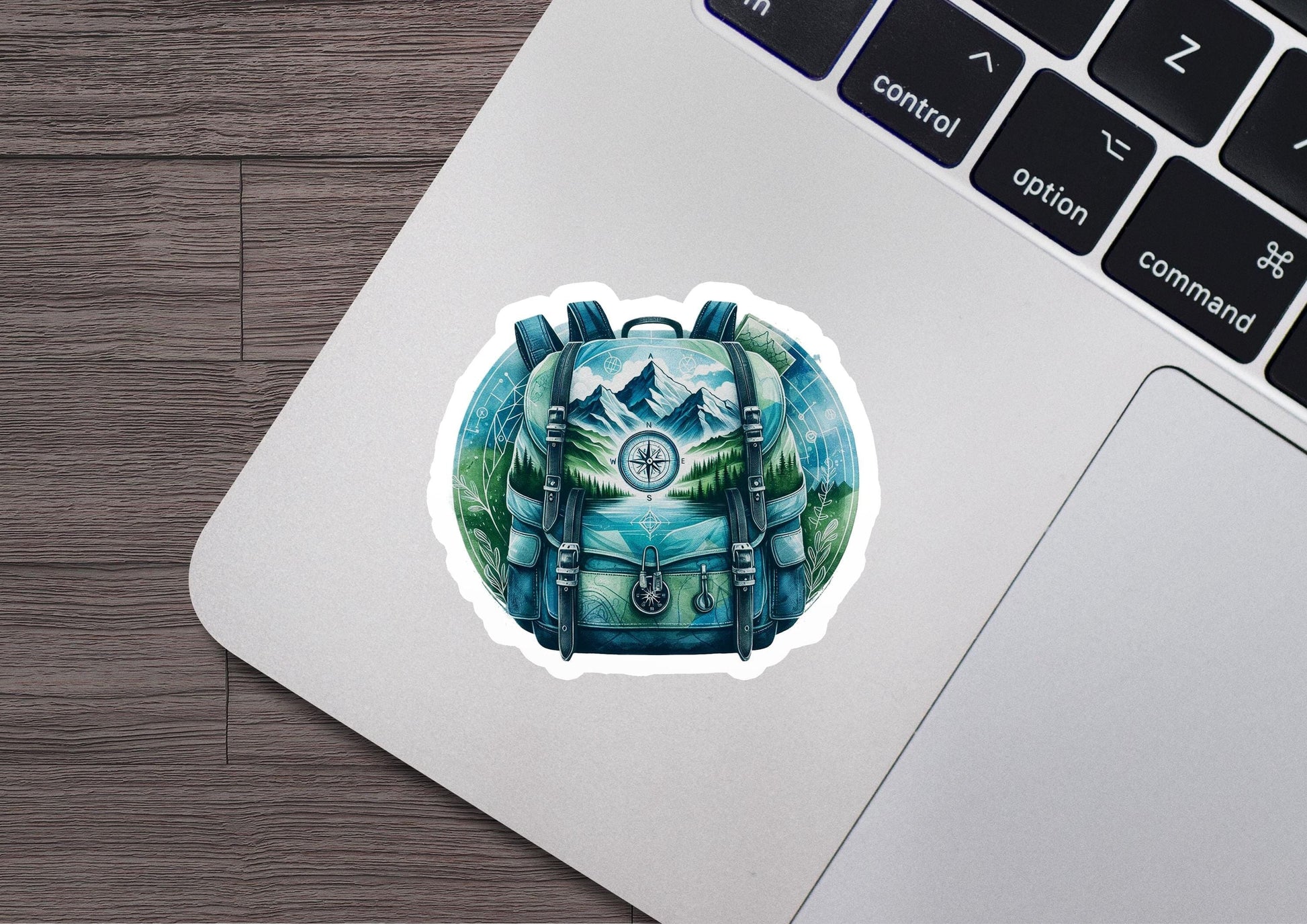 a laptop with a sticker of a backpack on it