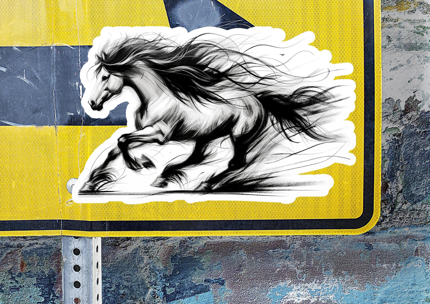 a sticker of a running horse on the side of a road