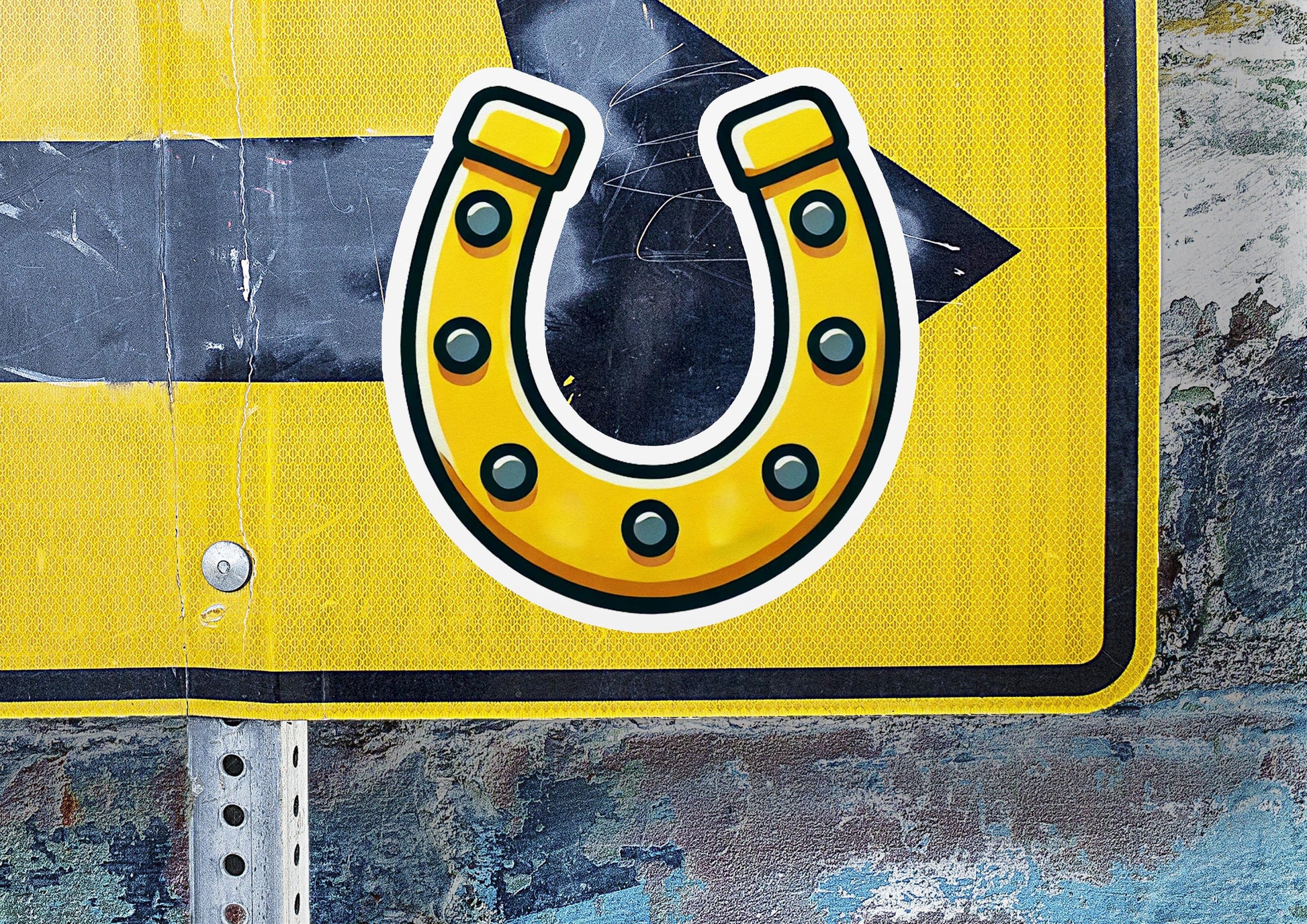 a yellow and black sign with a horseshoe on it