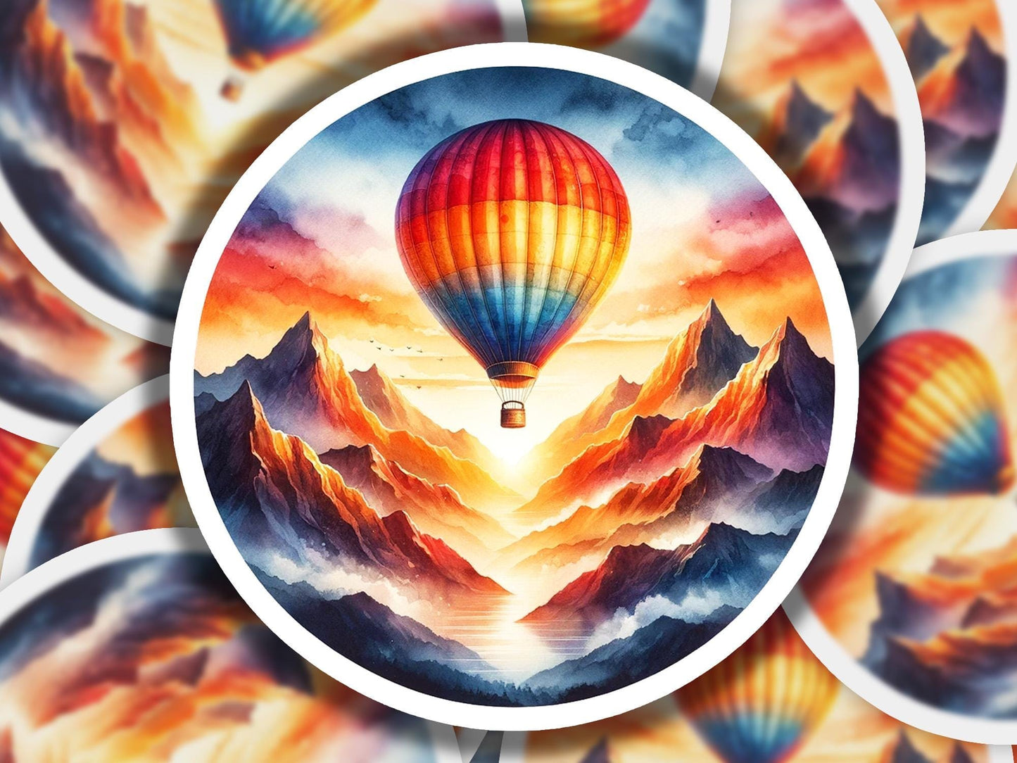 a painting of a hot air balloon flying over mountains