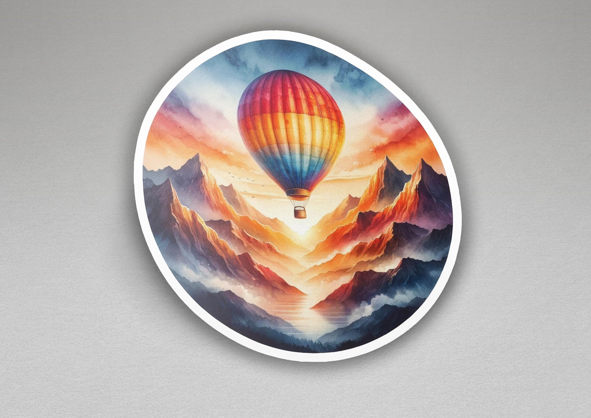 a painting of a hot air balloon flying over mountains