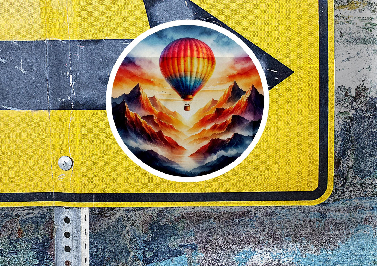 a yellow sign with a picture of a hot air balloon