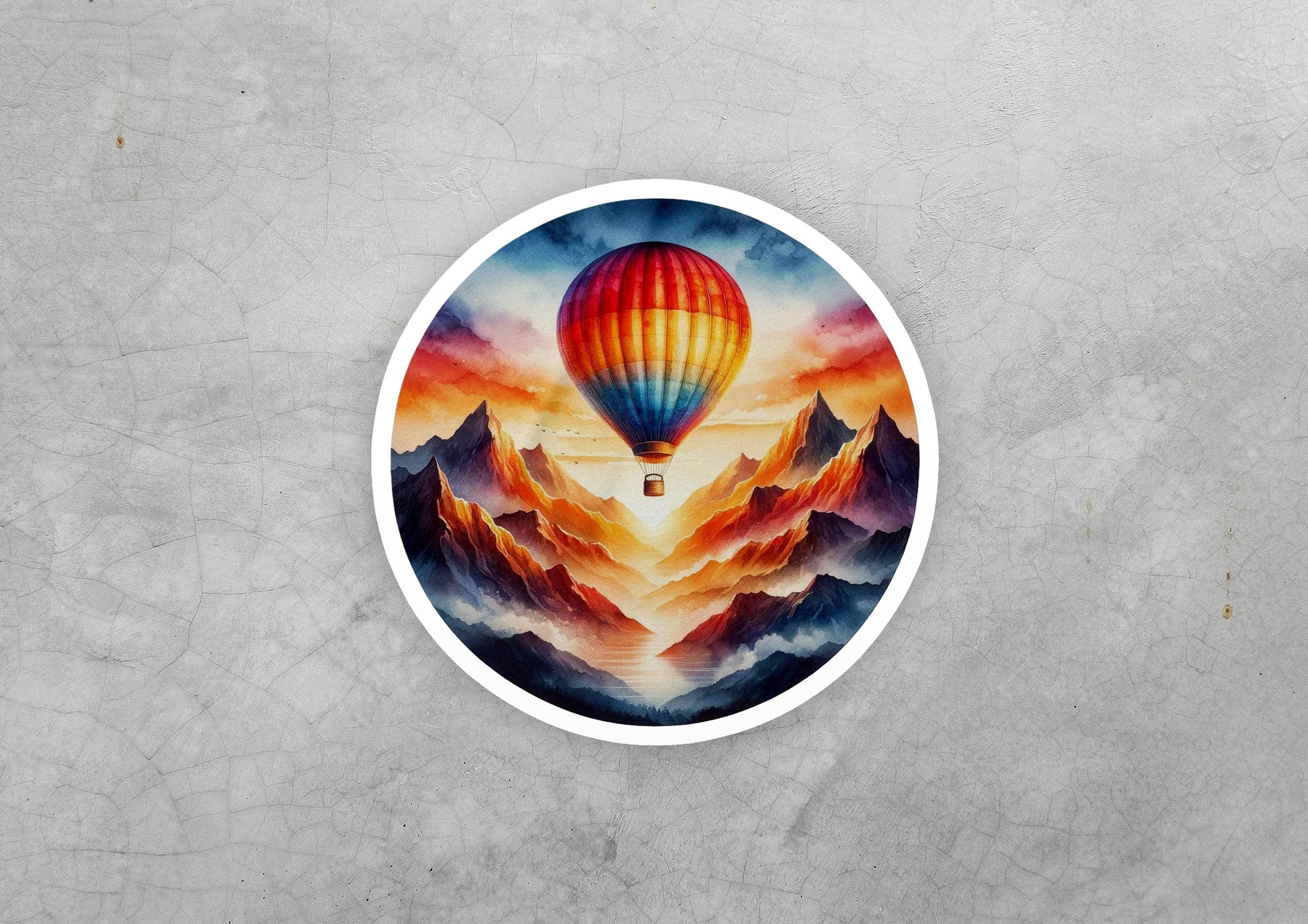 a painting of a hot air balloon flying over mountains
