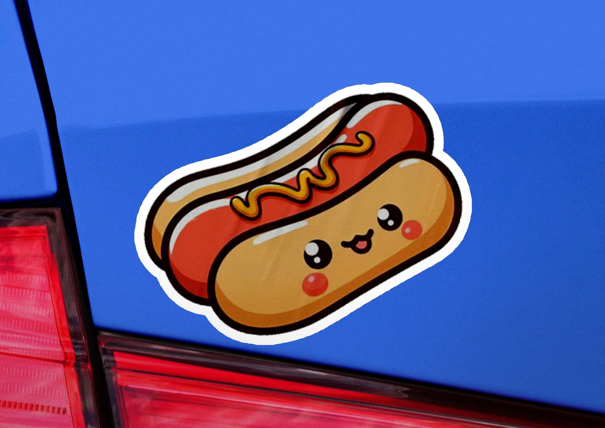 a close up of a hot dog on a car