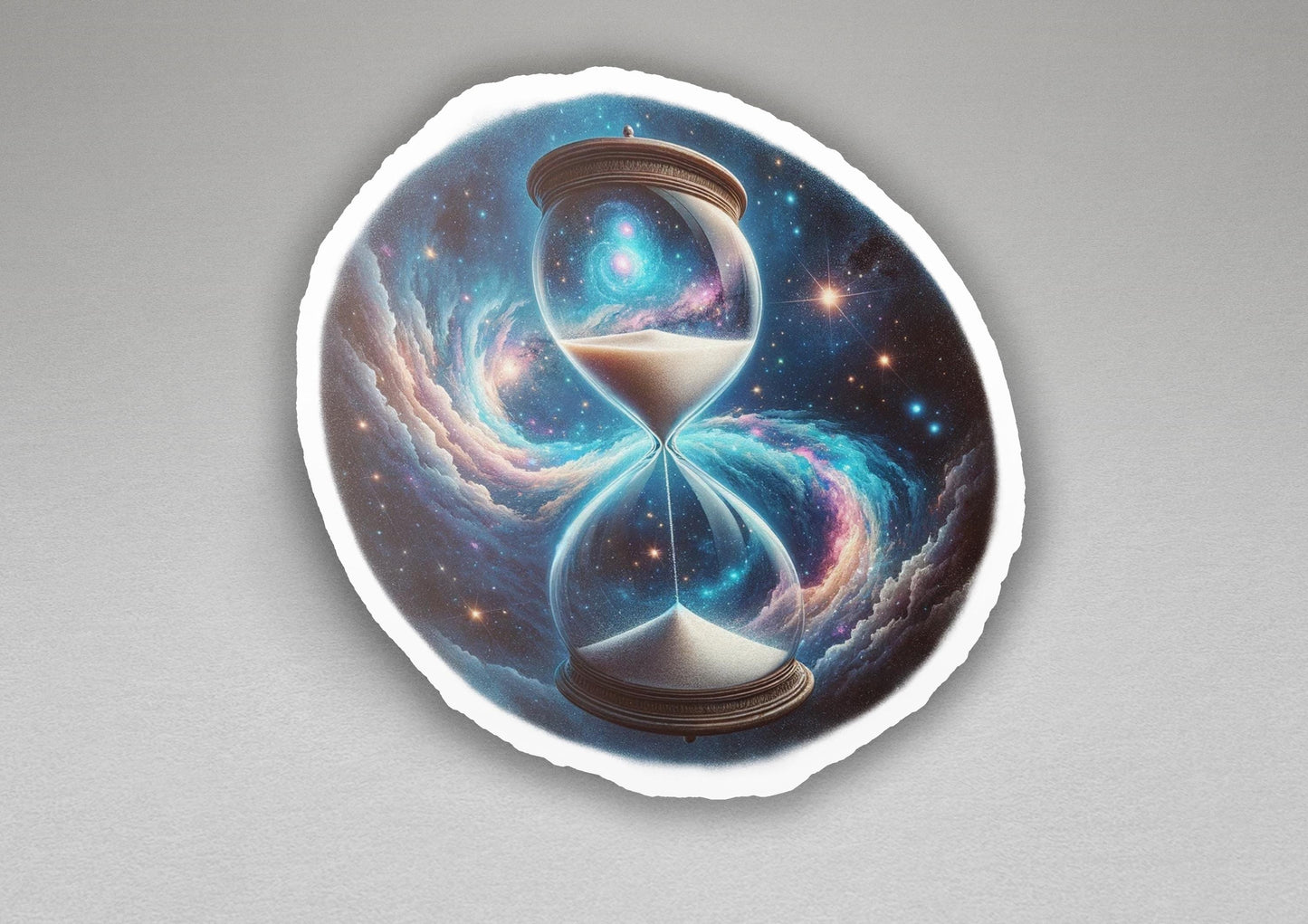 a sticker with a picture of an hourglass