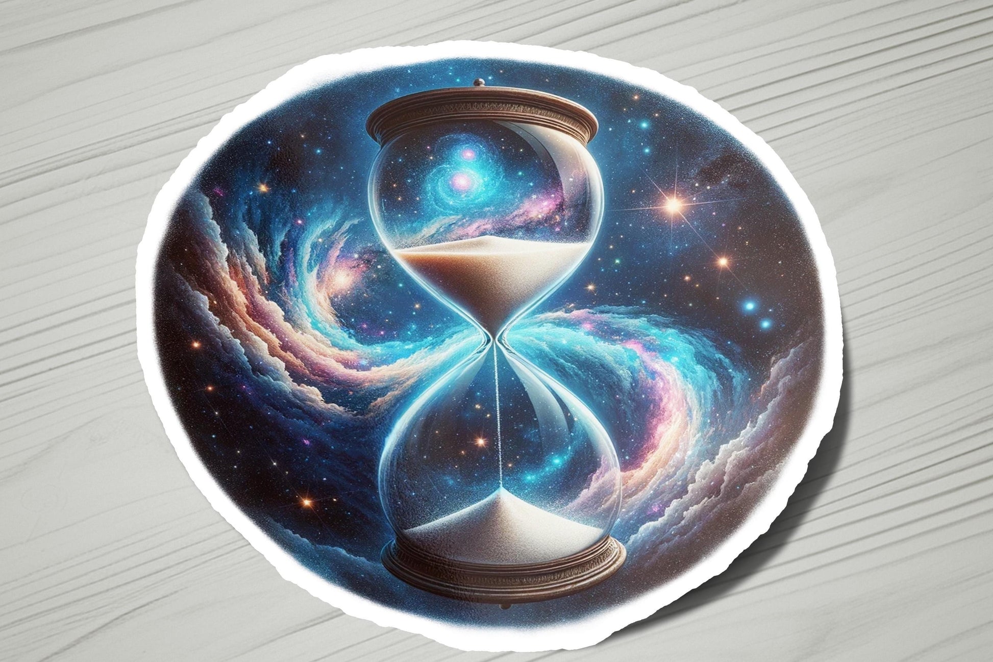 a sticker with a picture of an hourglass