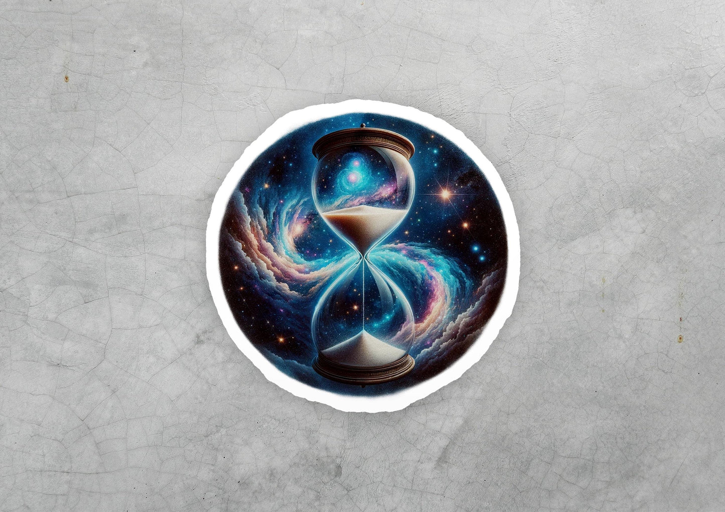 a sticker with a picture of an hourglass