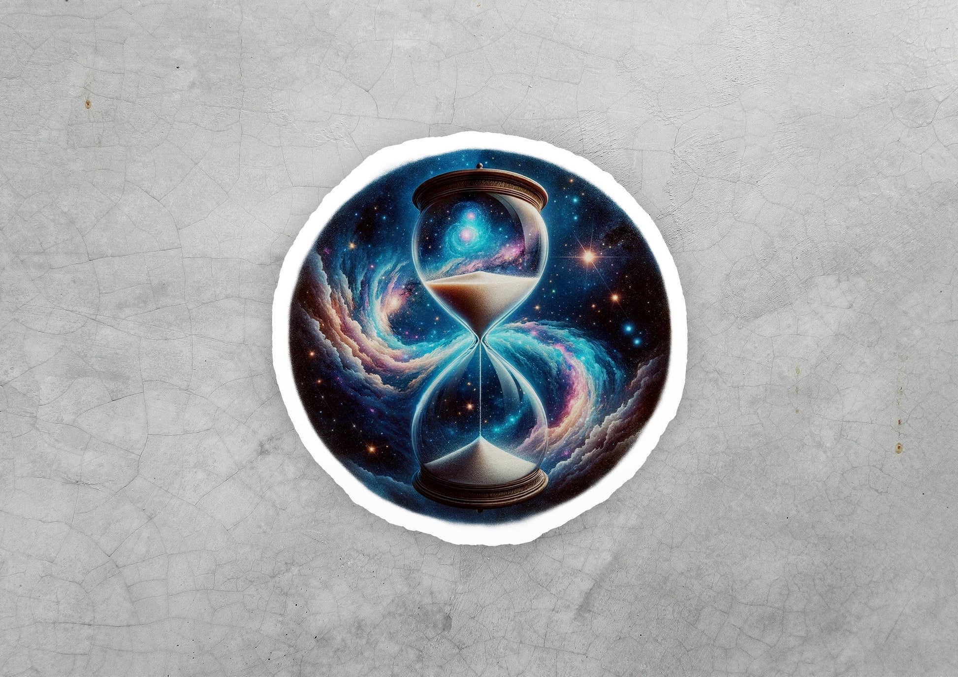a sticker with a picture of an hourglass