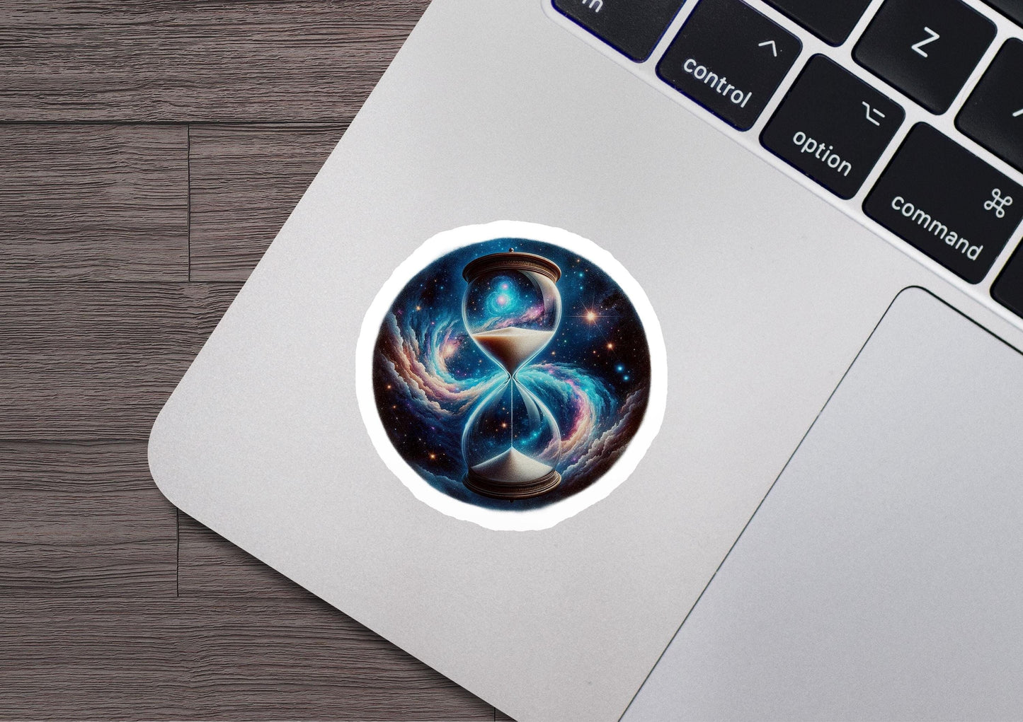 a laptop computer with a sticker of a star cluster