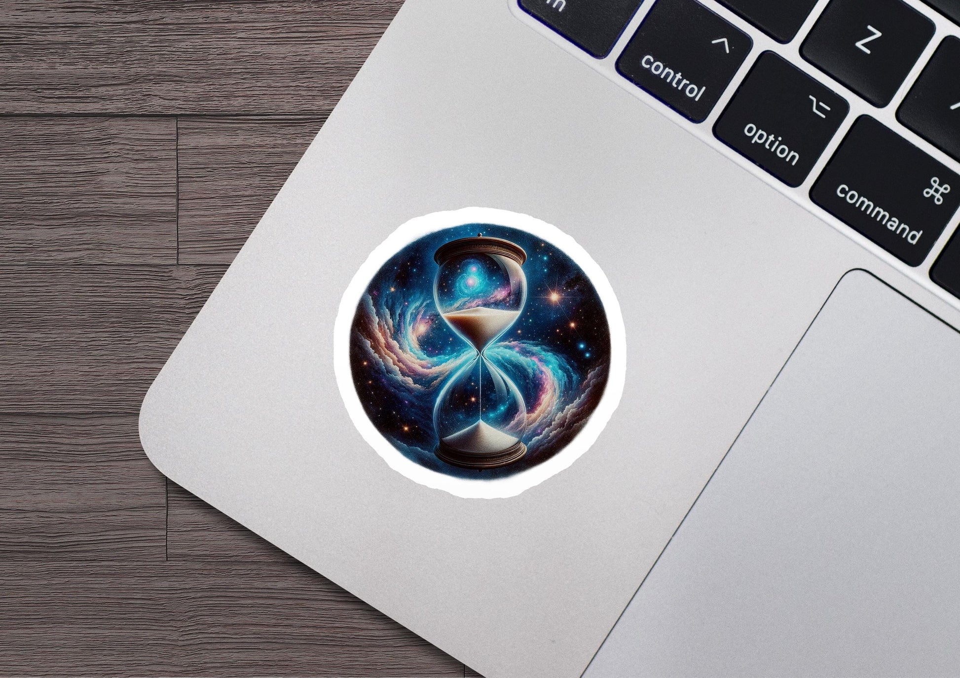a laptop computer with a sticker of a star cluster